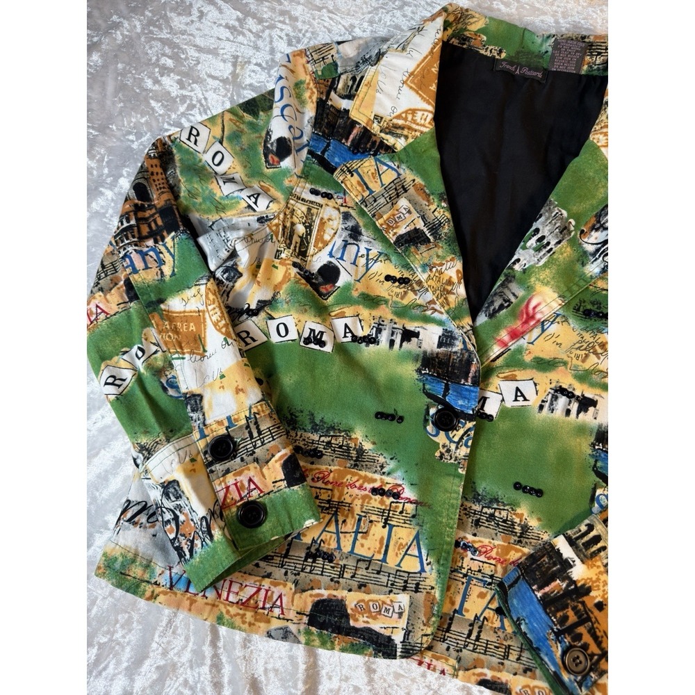 Trudi A Postcards Italy Print Blazer Jacket Womens L‎ Art To Wear Roma Venezia - Picture 2 of 13